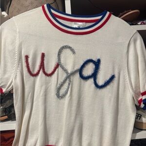Queen of Sparkles - White USA Sweater with Red and Blue Accents